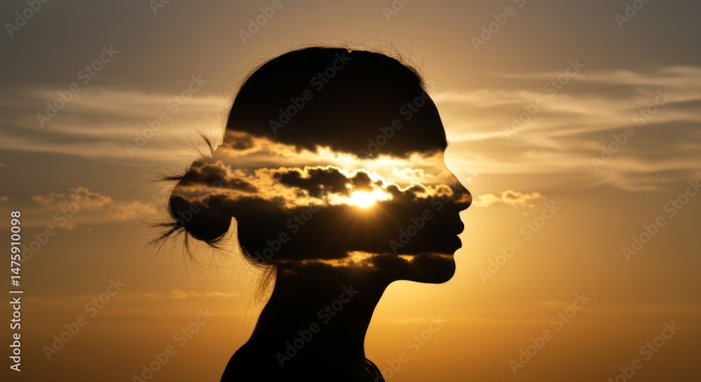 Silhouette of woman at sunset with clouds and sunlight