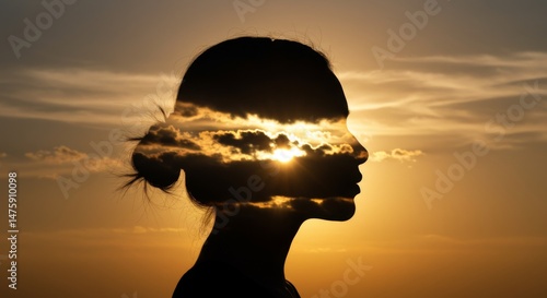 Obraz na płótnie Silhouette of woman at sunset with clouds and sunlight w salonie
