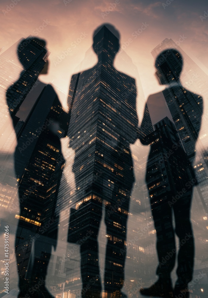 Business collaboration and teamwork with cityscape silhouettes at dusk