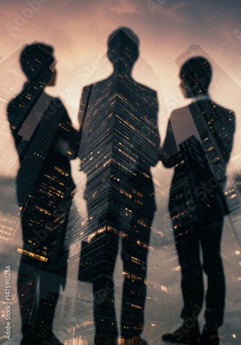 Obraz na płótnie Business collaboration and teamwork with cityscape silhouettes at dusk w salonie