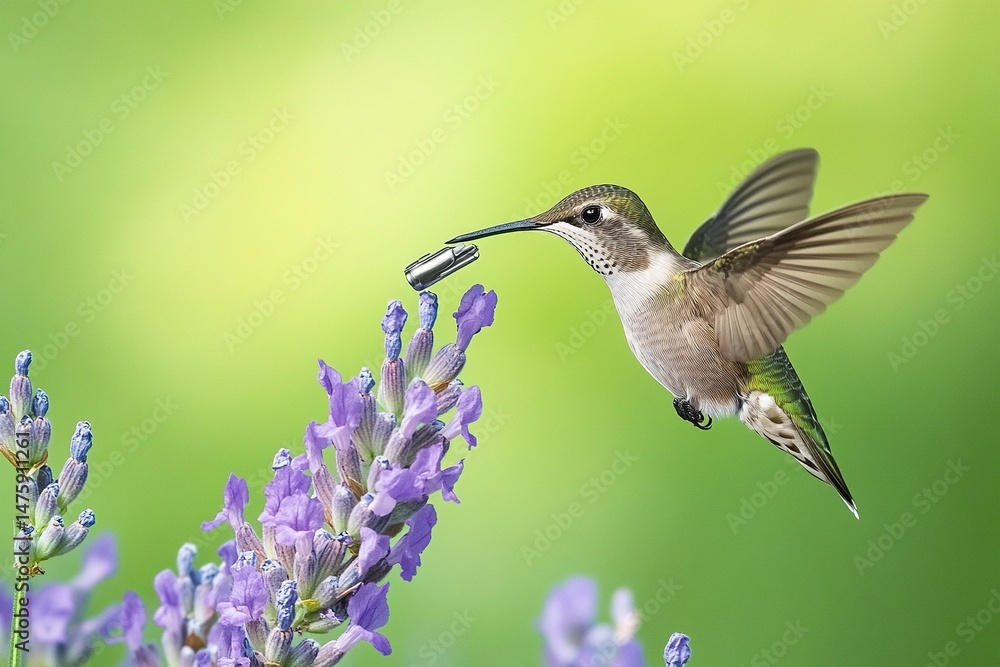Fototapeta premium A hummingbird hovers over a lavender flower with a green background. The male hummingbird is in flight, sipping nectar from purple sage blossoms. This is a wildlife scene. generative ai