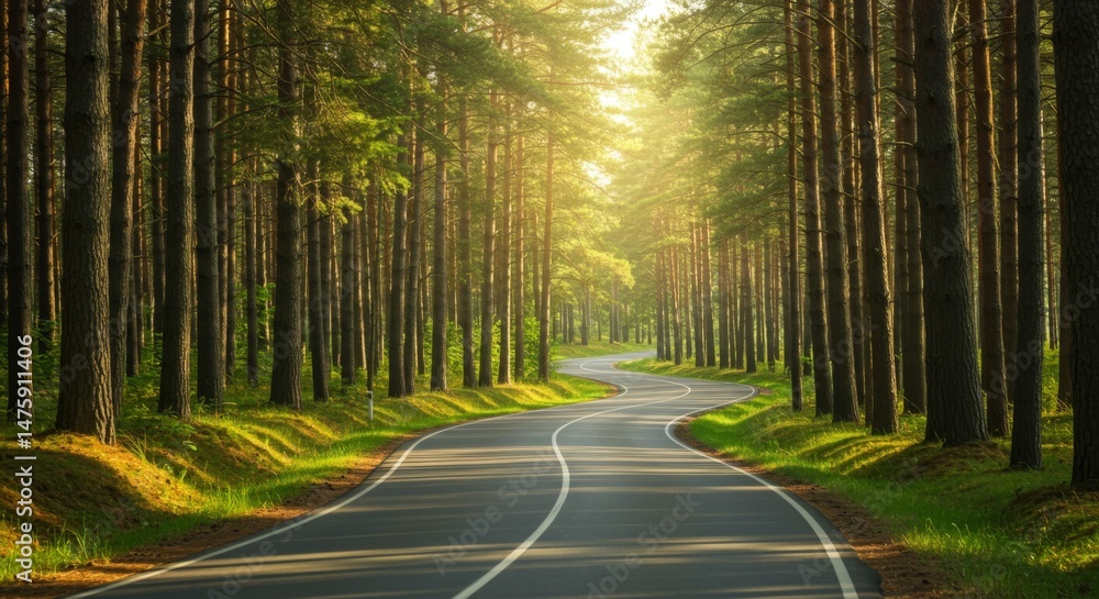 Obraz premium Serene forest road curving through sunlit pine trees in summer landscape