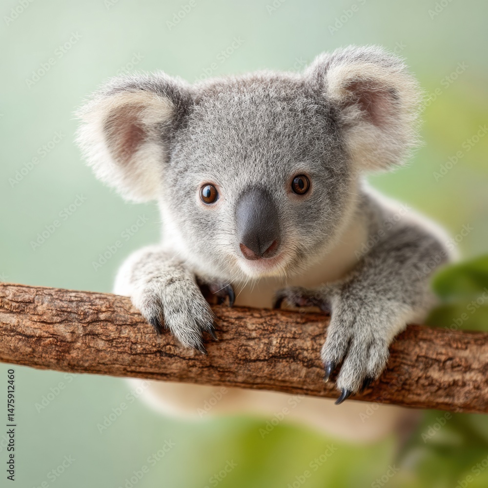 Naklejka premium Eco-Conscious Wildlife Conservation Adorable Young Koala Symbolizing Climate Resilience and Biodiversity Protection in Immersive Nature Education