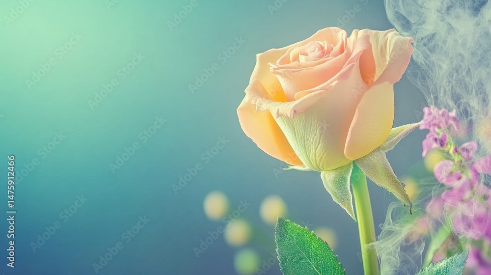 A peach rose stands gracefully, showcasing its soft petals and vibrant green leaves, evoking a peaceful and calming vibe