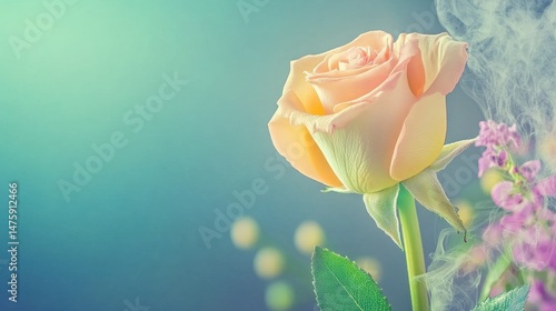 Obraz na płótnie A peach rose stands gracefully, showcasing its soft petals and vibrant green leaves, evoking a peaceful and calming vibe w salonie