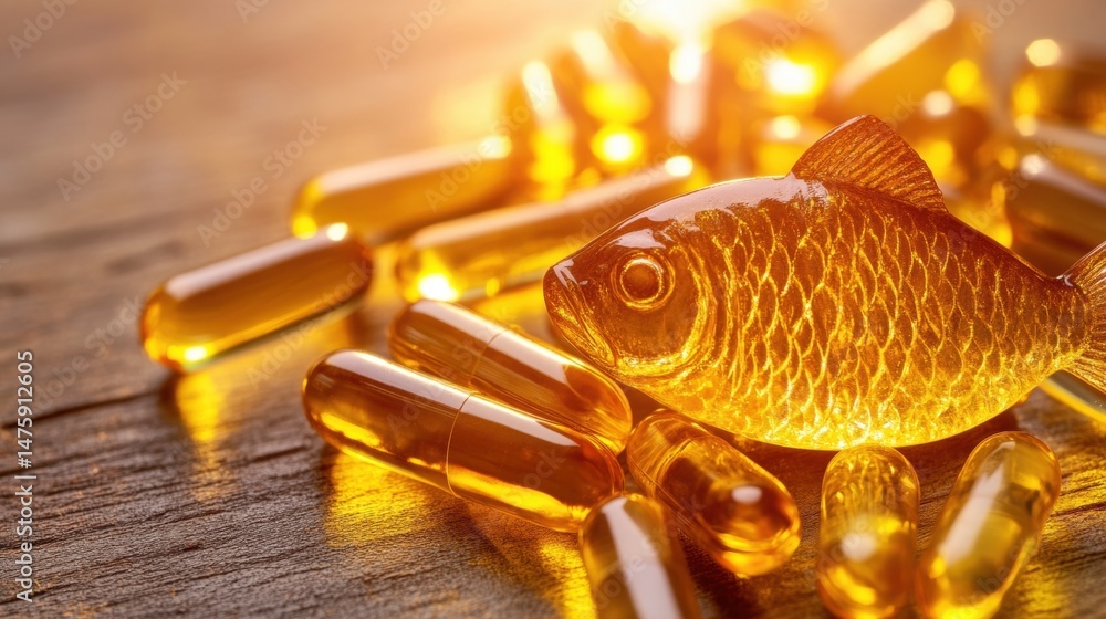 Shimmering fish-shaped capsules and soft gel supplements are displayed on a rustic wooden surface under warm sunlight