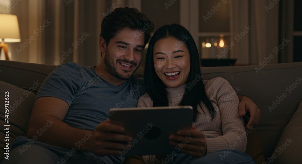 Happy couple enjoying movie night together at home Happy couple enjoying movie night together at home