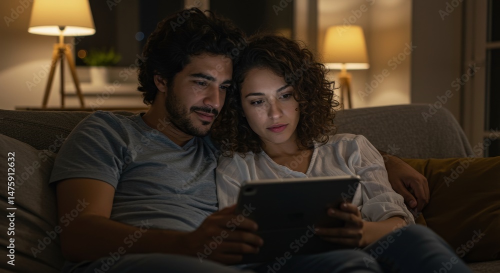 Cozy evening at home with couple relaxing and watching tablet content Cozy evening at home with couple relaxing and watching tablet content