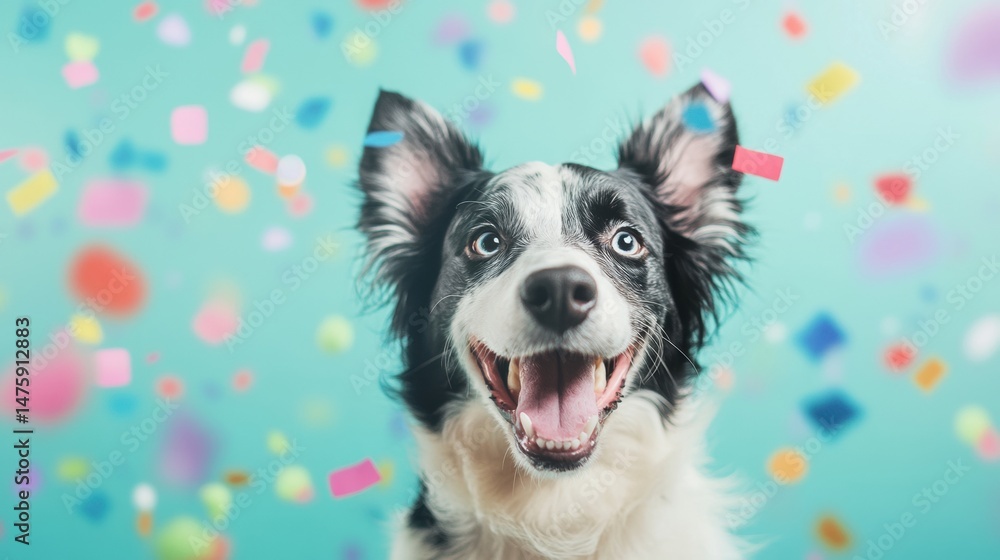 A cheerful border collie with a big smile enjoys a festive atmosphere surrounded by vibrant confetti, creating a fun and lively scene