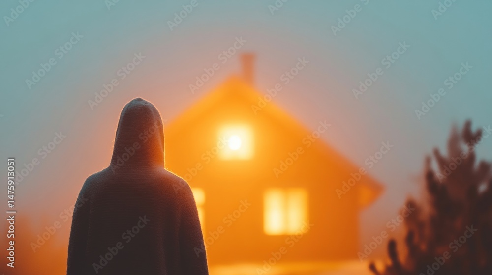 A cloaked figure gazes toward a warmly lit house engulfed in thick fog during twilight, creating an eerie atmosphere