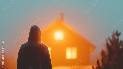 Obraz na płótnie A cloaked figure gazes toward a warmly lit house engulfed in thick fog during twilight, creating an eerie atmosphere w salonie