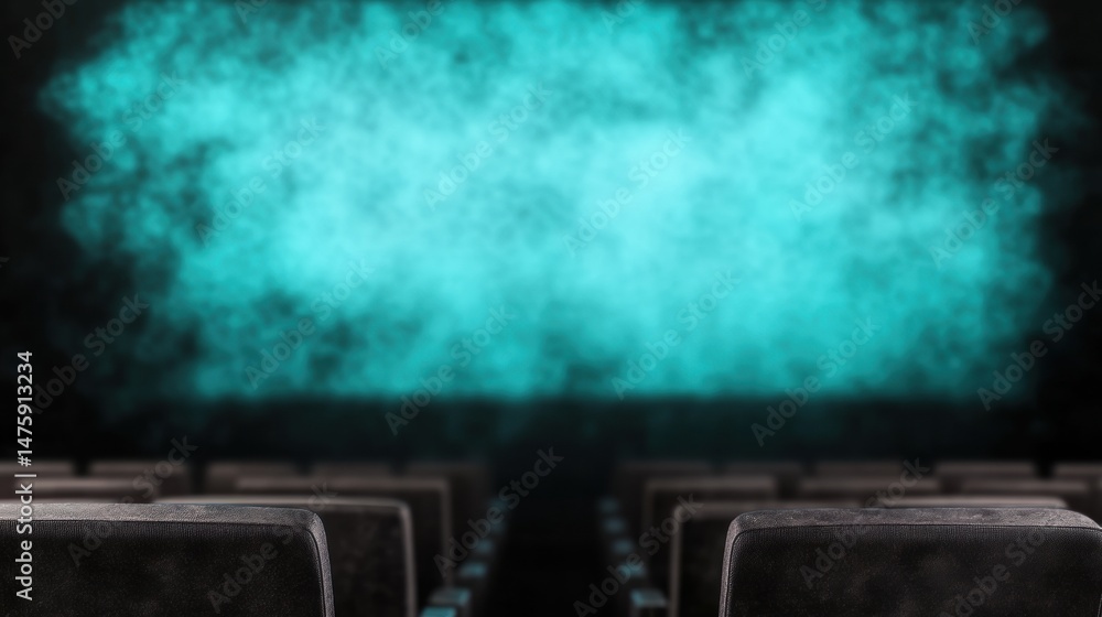 Empty cinema seats face a foggy screen, creating an atmospheric setting before the start of the film experience, inviting anticipation