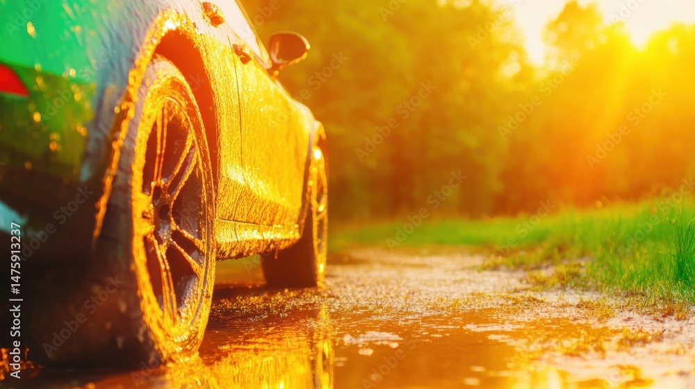 A car covered in mud sits on a dirt road, illuminated by the warm glow of sunset. Lush greenery frames the scene