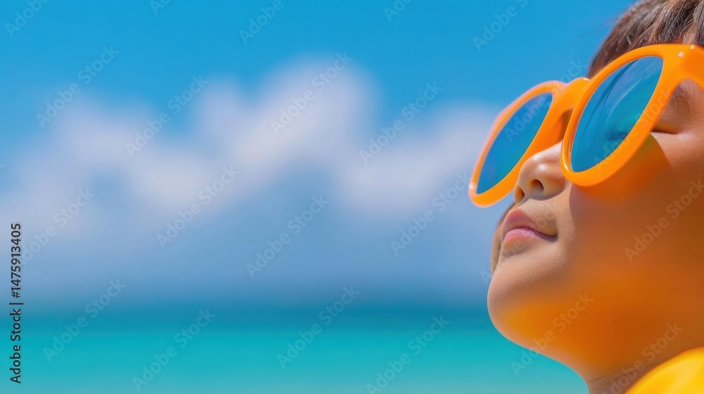 A joyful child smiles while wearing bright orange sunglasses, soaking up the sun by the beautiful beach on a clear day