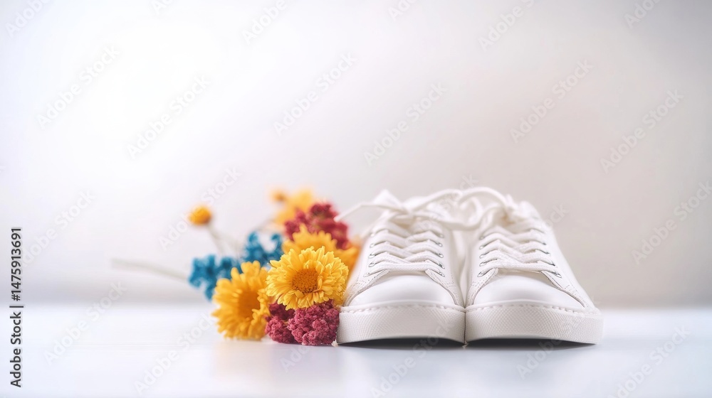 White sneakers are positioned next to colorful flowers in a minimalistic space, creating a cheerful and fresh vibe