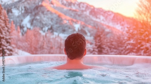 Obraz na płótnie Enjoying a tranquil moment in a hot tub surrounded by snow-covered mountains as the sun sets, creating a peaceful atmosphere w salonie