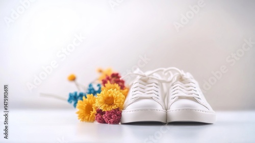 Obraz na płótnie White sneakers are positioned next to colorful flowers in a minimalistic space, creating a cheerful and fresh vibe w salonie