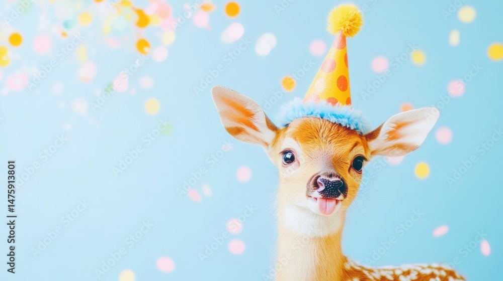 A young deer in a festive party hat sticks its tongue out while colorful confetti floats around, creating a joyful atmosphere