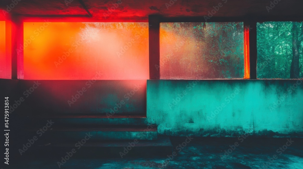 Glowing hues of red and green illuminate an empty, decaying space as fog hangs in the air, creating an eerie yet captivating atmosphere