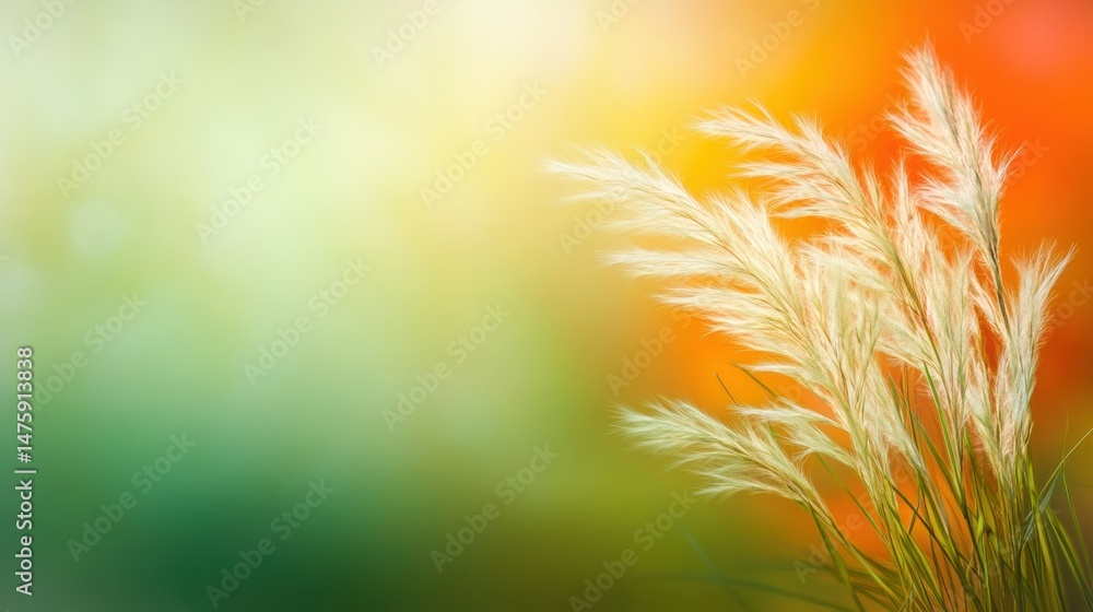 Soft pampas grass stands tall against a colorful background, swaying lightly in the evening breeze during a serene sunset