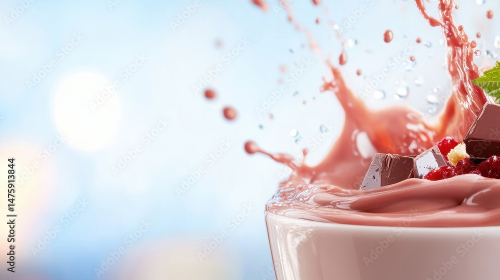 A bowl filled with chocolate and berry mixture splashes as droplets dance in the air under the bright sun, creating a refreshing scene