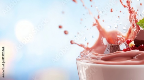 Obraz na płótnie A bowl filled with chocolate and berry mixture splashes as droplets dance in the air under the bright sun, creating a refreshing scene w salonie