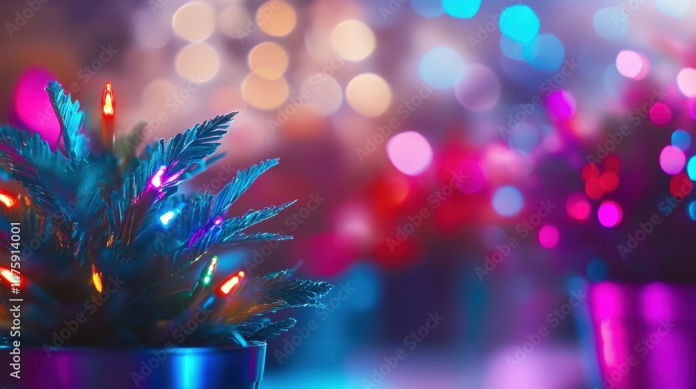 Small Christmas tree adorned with bright lights adds charm to a cozy indoor space filled with vibrant holiday decorations during winter festivities