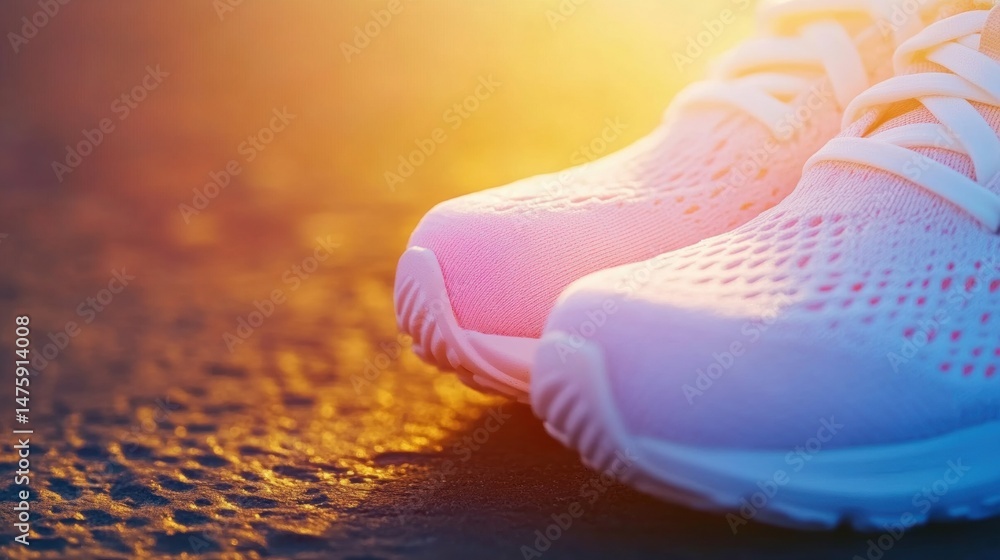 Colorful running shoes rest on warm pavement, reflecting soft sunlight during a casual evening workout in the city
