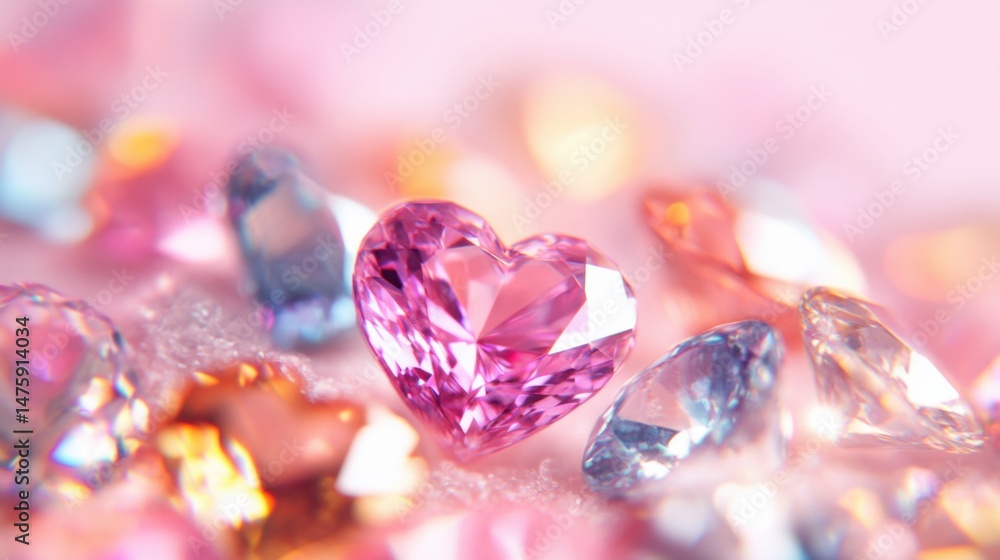 Heart-shaped pink gem stands out among various colorful stones, highlighting texture and shine against a soft pastel background