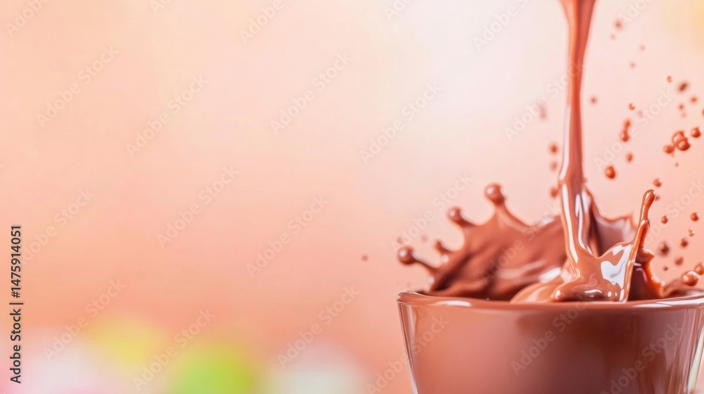 A dynamic splash of chocolate emerges from a cup against a soft, colorful background, perfect for dessert enthusiasts