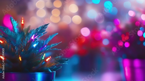 Obraz na płótnie Small Christmas tree adorned with bright lights adds charm to a cozy indoor space filled with vibrant holiday decorations during winter festivities w salonie