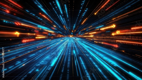 A bright blue and orange light show with many arrows. The image is of a cityscape with a lot of movement and energy