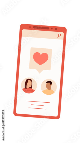 Smartphone displays a dating app on the screen. Mobile app features profiles of people for online interaction. Chat application connects users through communication, flat design, ideal for digital