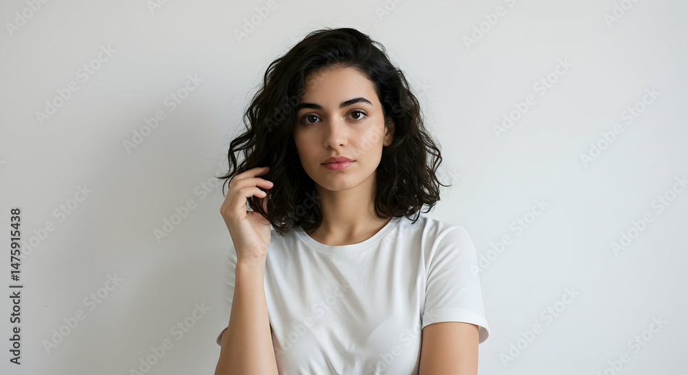 Fototapeta premium Confident young woman with dark curly hair wearing a white t shirt posing against a white background