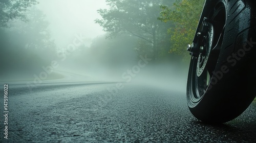 A motorcycle tire kicking up mist on a foggy morning road, the bike weaving through curves with a sense of adventure and excitement.
