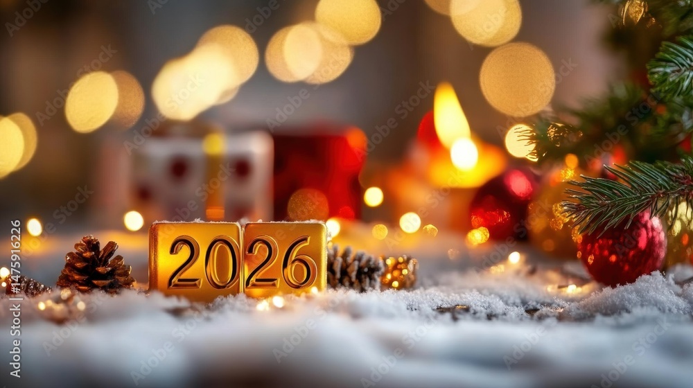 Golden blocks signify the year 2026, surrounded by colorful ornaments, pine cones, and soft glimmering lights in a cozy holiday setting