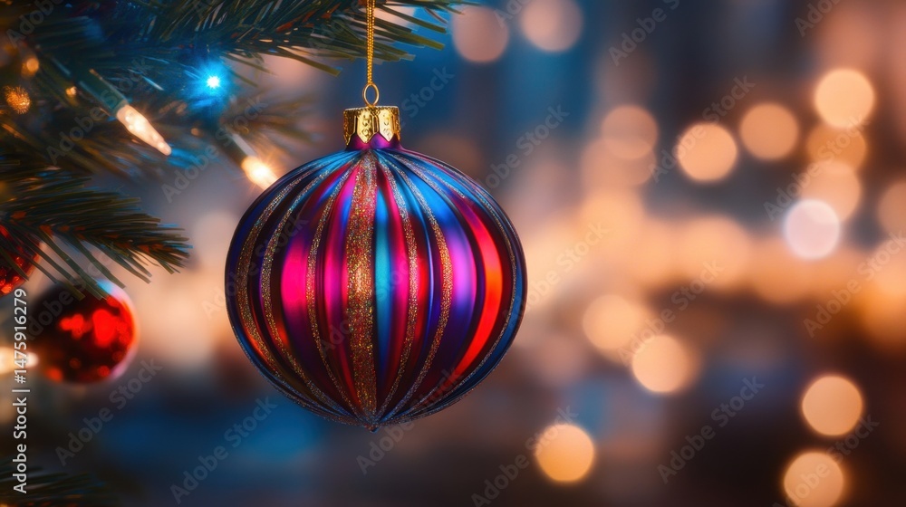 A vibrant ornament dangles from a pine tree branch with glowing lights creating a warm, cozy atmosphere around it during the holiday season