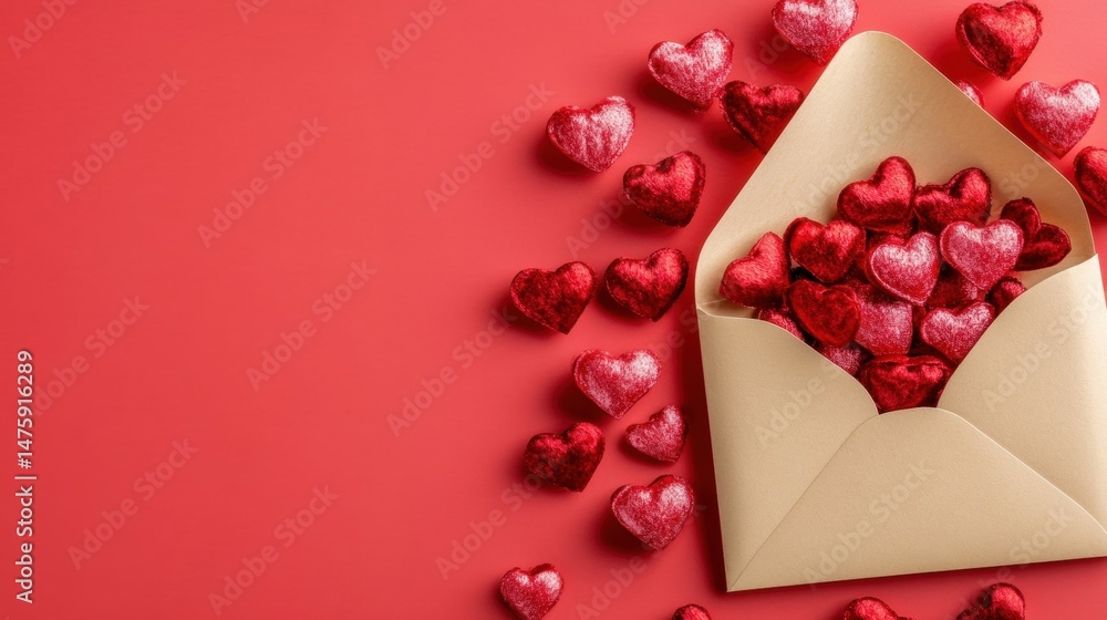 A beautiful envelope overflows with shiny red hearts against a bold red background, perfect for expressing love on an occasion