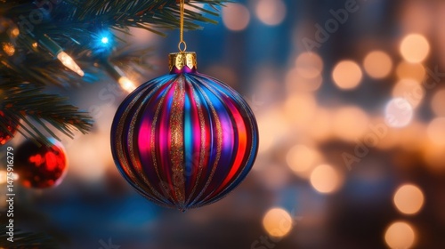 A vibrant ornament dangles from a pine tree branch with glowing lights creating a warm, cozy atmosphere around it during the holiday season
