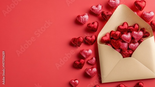 Obraz na płótnie A beautiful envelope overflows with shiny red hearts against a bold red background, perfect for expressing love on an occasion w salonie