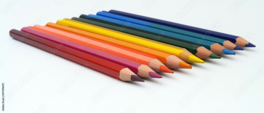 Fototapeta premium Rainbow Colored Pencils Arranged in a Row on White Background Studio Shot Overhead View School Supplies Art Supplies