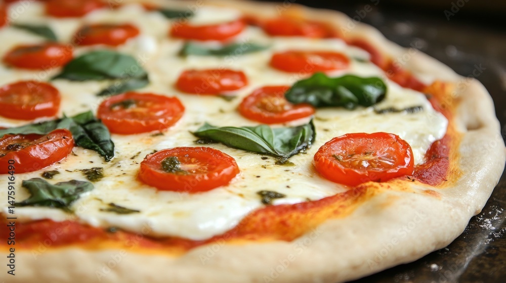Delicious margherita pizza with melted mozzarella, ripe tomatoes, and fresh basil sits on a countertop in a cozy kitchen