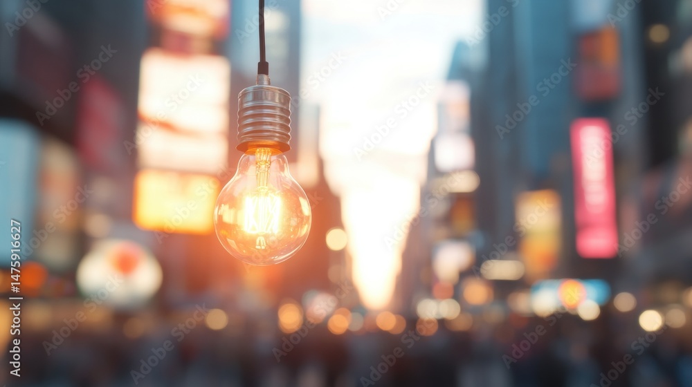 A glowing light bulb hangs above bustling New York City streets as twilight sets in, creating an energetic atmosphere among people and buildings