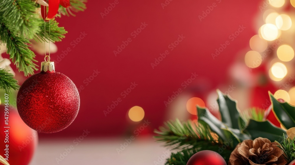 A red Christmas ornament is suspended from a pine branch, surrounded by greenery and soft, glowing lights in the background
