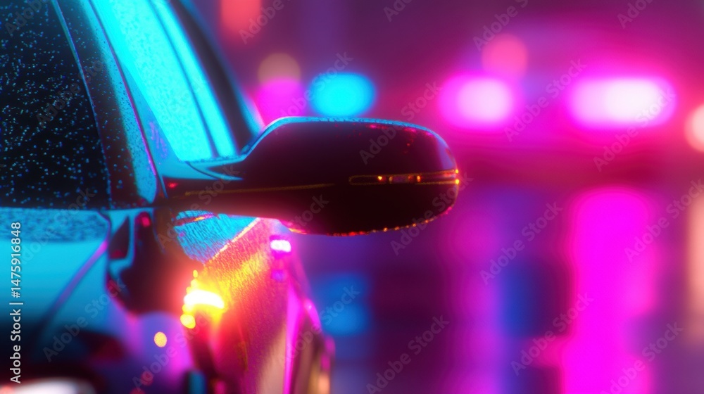 Bright neon lights reflect off a wet street as a car stands parked during a rainy night, creating a lively urban atmosphere