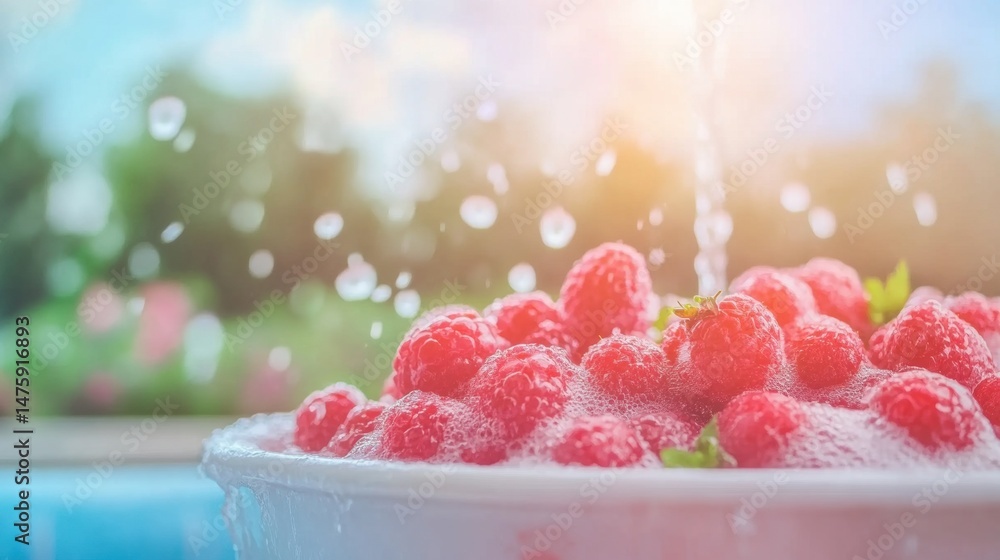 Raspberries are being carefully washed in a bowl under bright sunlight, highlighting their freshness and vibrant color