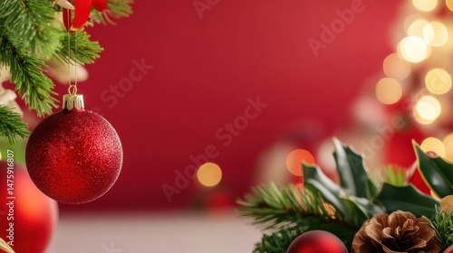 Obraz na płótnie A red Christmas ornament is suspended from a pine branch, surrounded by greenery and soft, glowing lights in the background w salonie