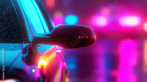 Obraz na płótnie Bright neon lights reflect off a wet street as a car stands parked during a rainy night, creating a lively urban atmosphere w salonie