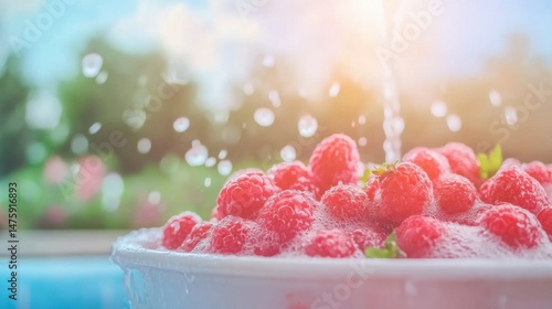 Obraz na płótnie Raspberries are being carefully washed in a bowl under bright sunlight, highlighting their freshness and vibrant color w salonie