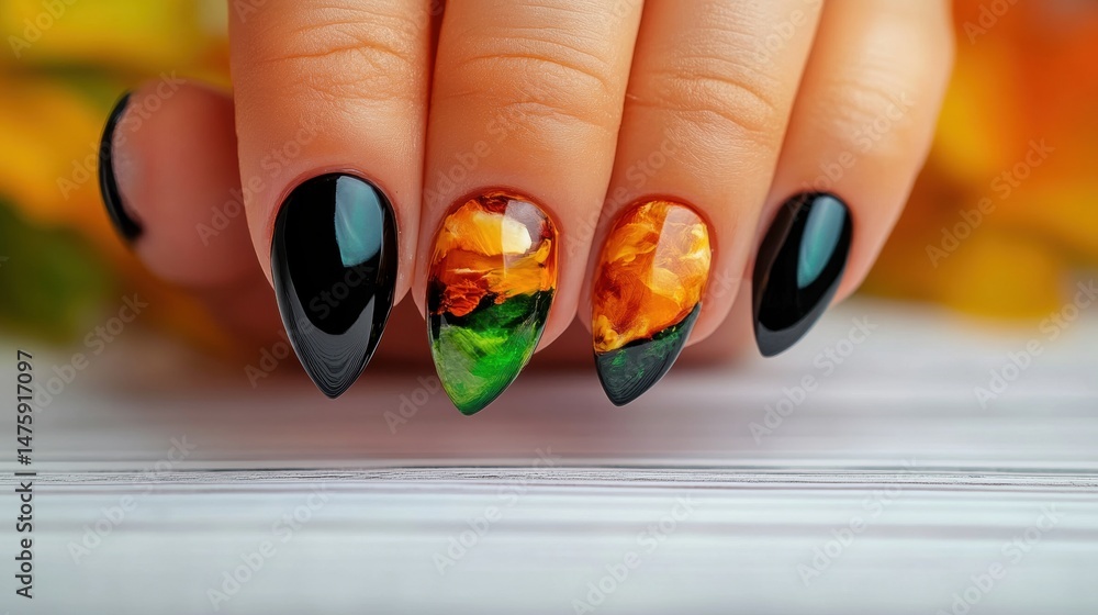 Brightly designed nails showcase a blend of black, orange, and green colors, highlighting an artistic and modern manicure perfect for any occasion